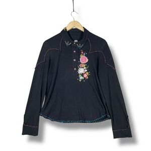 Doubled Ranch Womens Black Rodeo Embroidered Studded Western Long Sleeve Shirt M